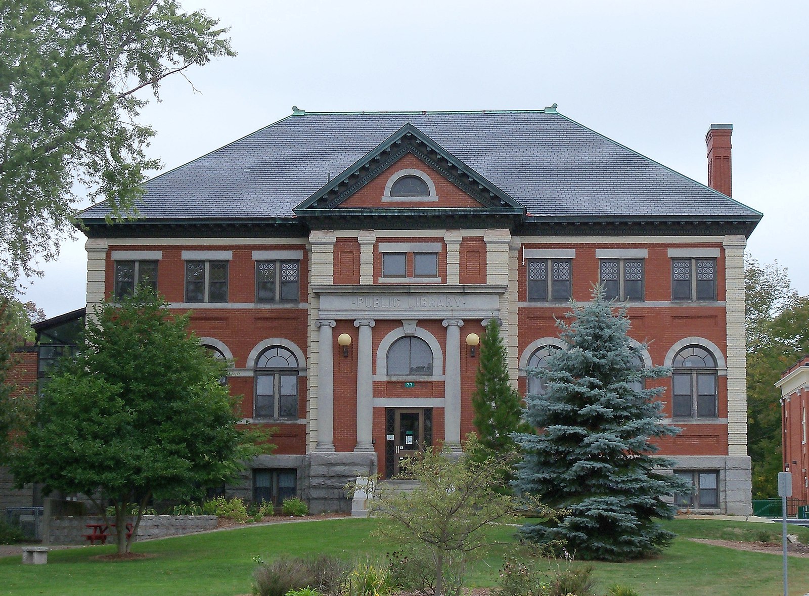 The front view of the Carnegie library located in Dover, New Hampshire